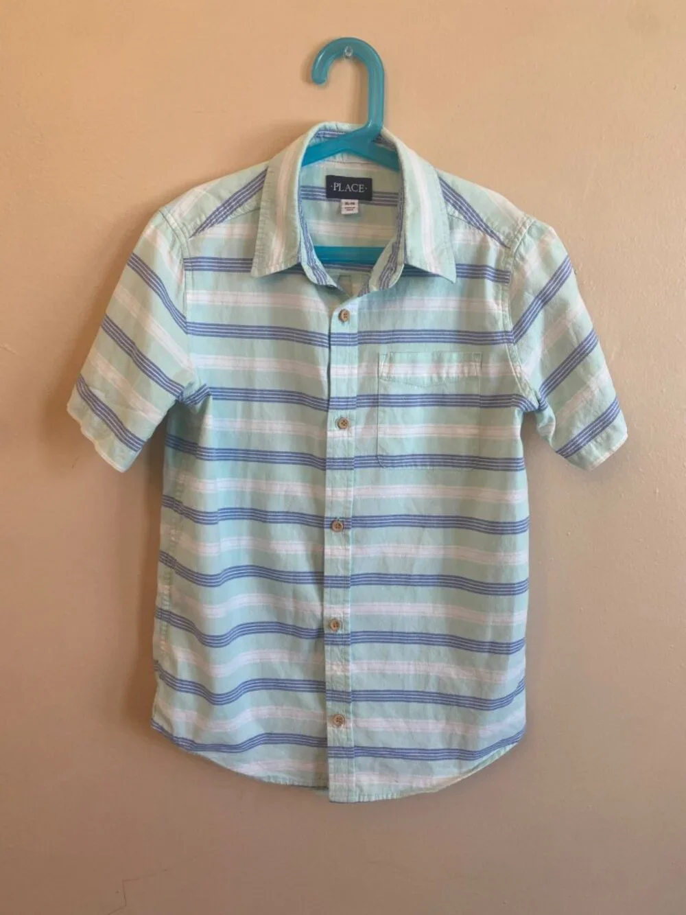 The Children's Place Striped Button-Up Shirt Boys XL (14) Mint Blue Short Sleeve